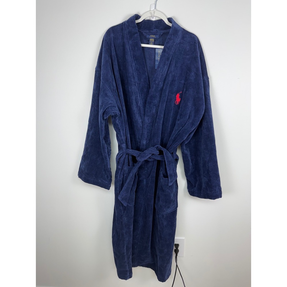 Polo Ralph Lauren Mens Navy Blue Terry Velour Bathrobe Red Pony L/XL RL91NY NWT